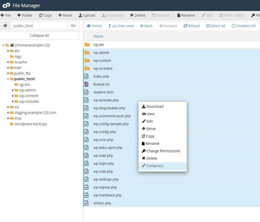 cPanel compress files