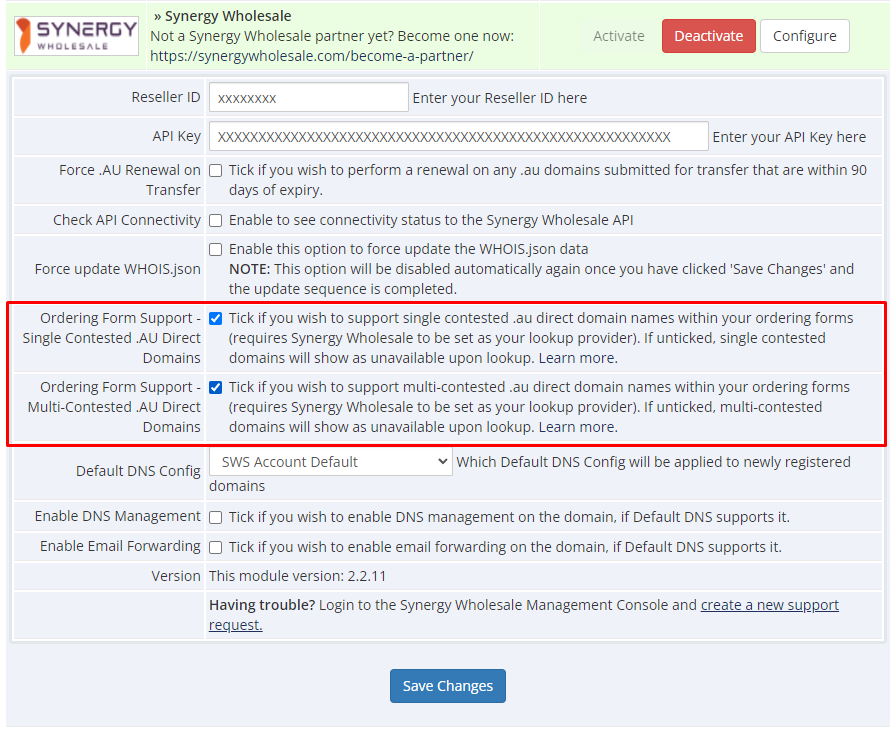 WHMCS Domain Module Configuration